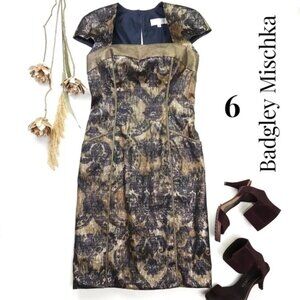 Badgley Mischka Metallic, Blue Gold Dress with Pockets - Sz 6